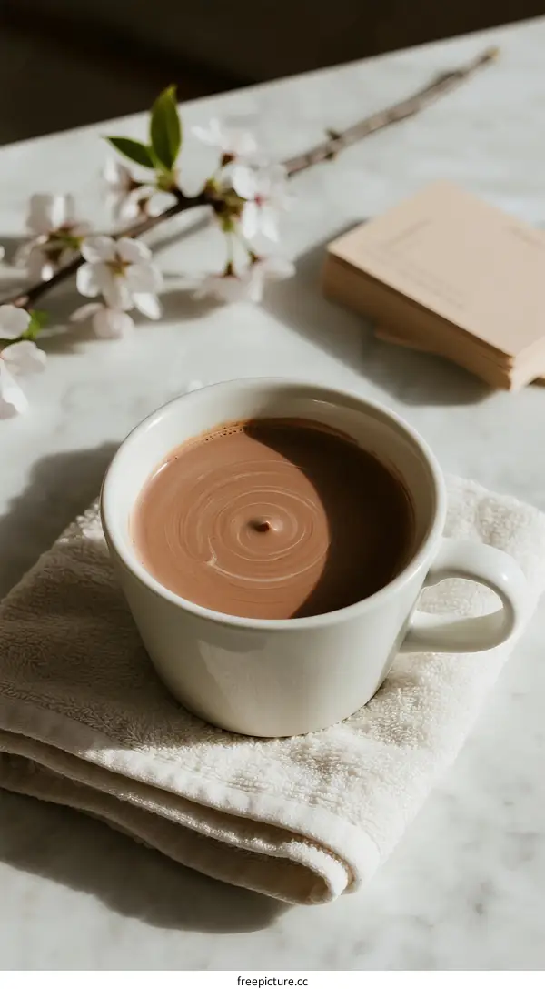 Warm Cup of Chocolate with Swirled Cream and Cherry Blossom