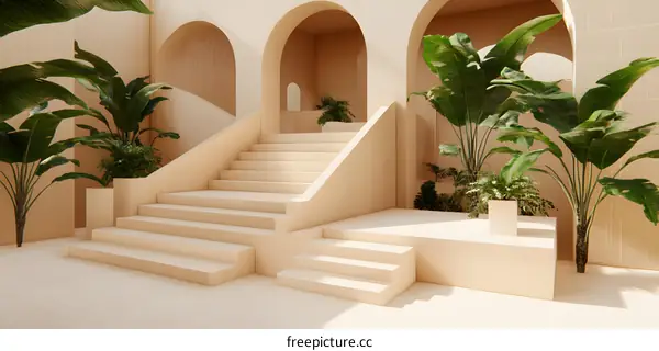 Minimalist Modern Architecture Design with Palm Trees and Stone Stairs