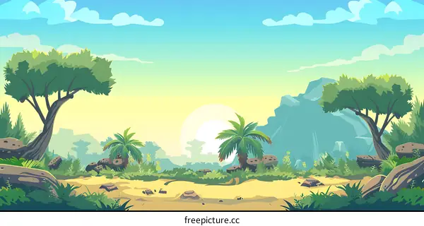 Beautiful Tropical Landscape With Palm Trees and Mountains