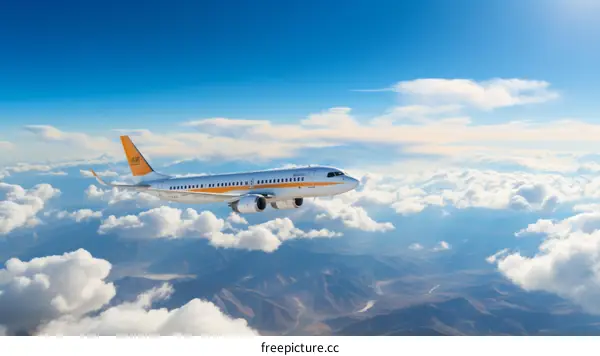 A white and yellow airplane is flying above the clouds