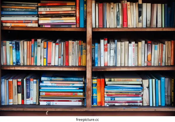 A wooden bookshelf filled with various books.