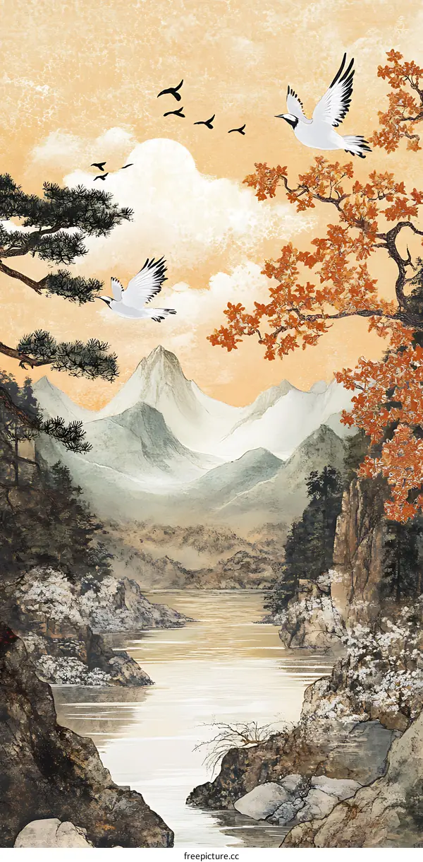 Mountain Landscape With Birds Flying Over River