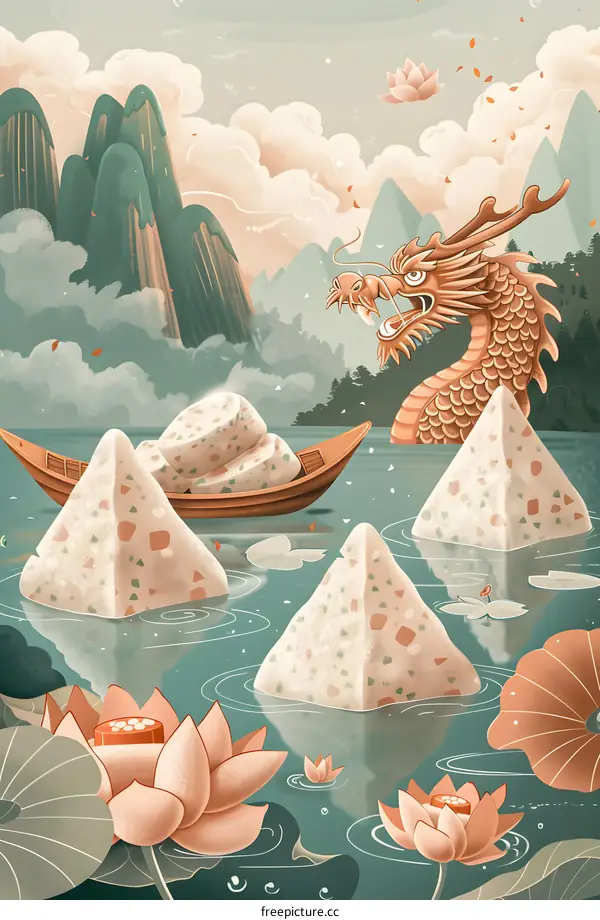 Dragon Boat Festival illustration with rice dumplings and dragon