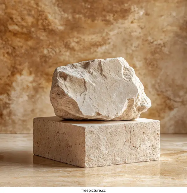 Beige Stone Rock Display on a Stone Block