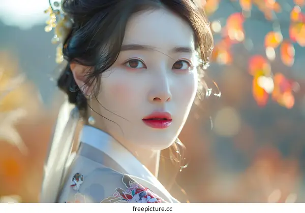 Portrait of a beautiful Asian woman in traditional Korean dress, with red leaves in the background