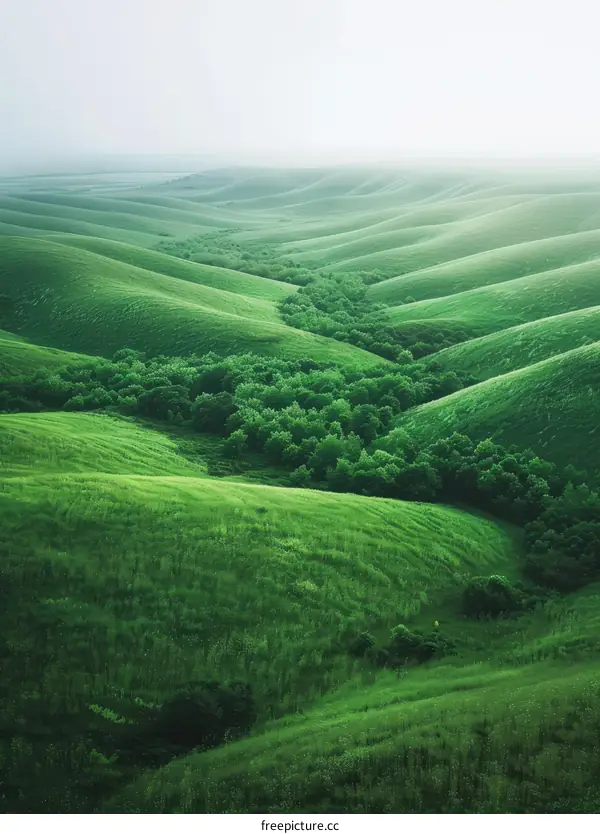 Green rolling hills with a valley and trees in the distance