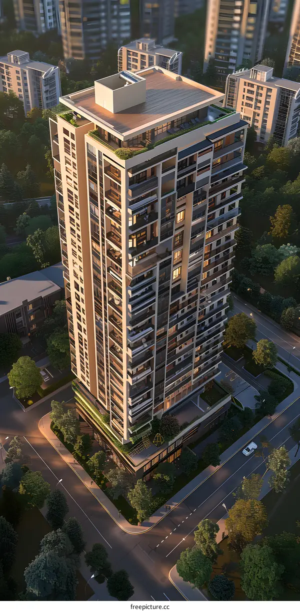 The high-rise residential building is surrounded by trees and has a large terrace on the top floor