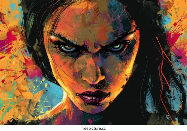 A close-up of a womans face with dark hair and bright eyes, with paint splatters in the background