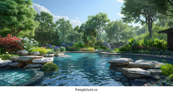 Tranquil Garden Landscape with Nature's Embrace