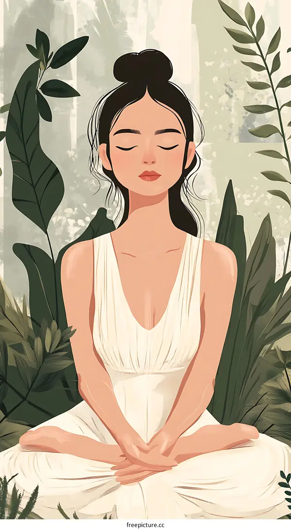 Woman meditating in nature with green foliage
