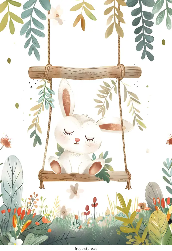 Cute Bunny Sitting On A Swing Surrounded By Flowers