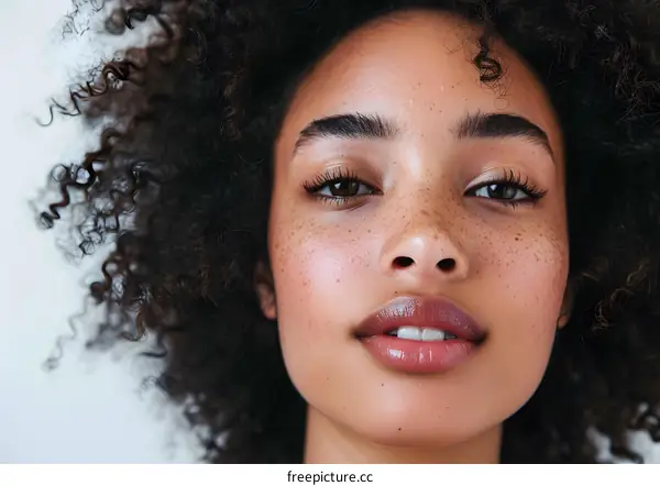 Close Up Portrait of a Young Woman with Freckles and Curly Hair