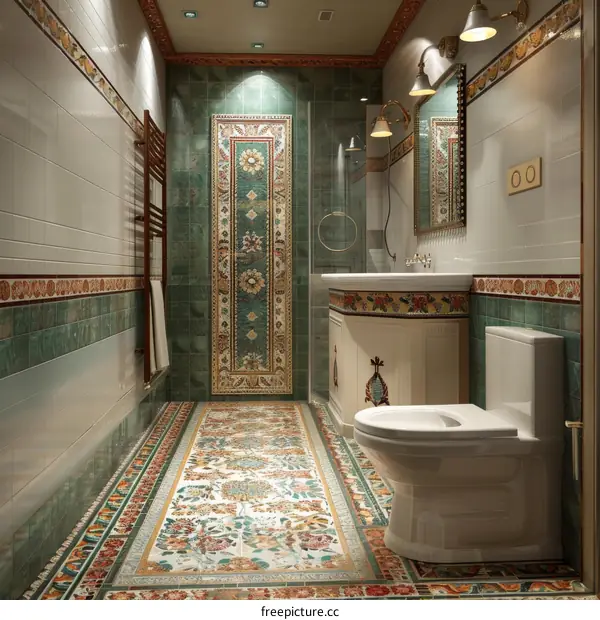 Ornate Vintage Bathroom with Detailed Mosaic Tiles
