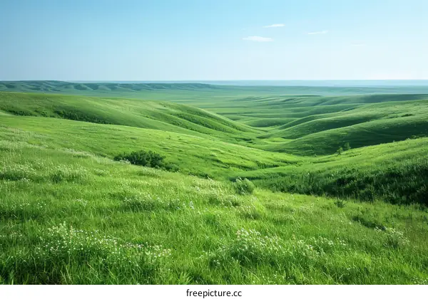 Green rolling hills under blue sky