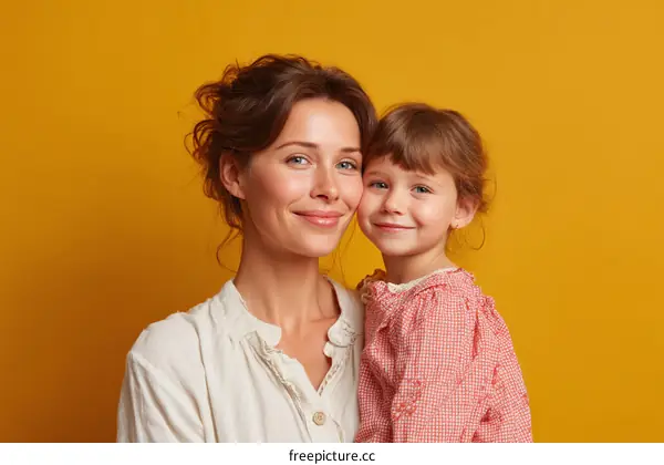 Happy Mother and Daughter Posing Together Against Yellow Background