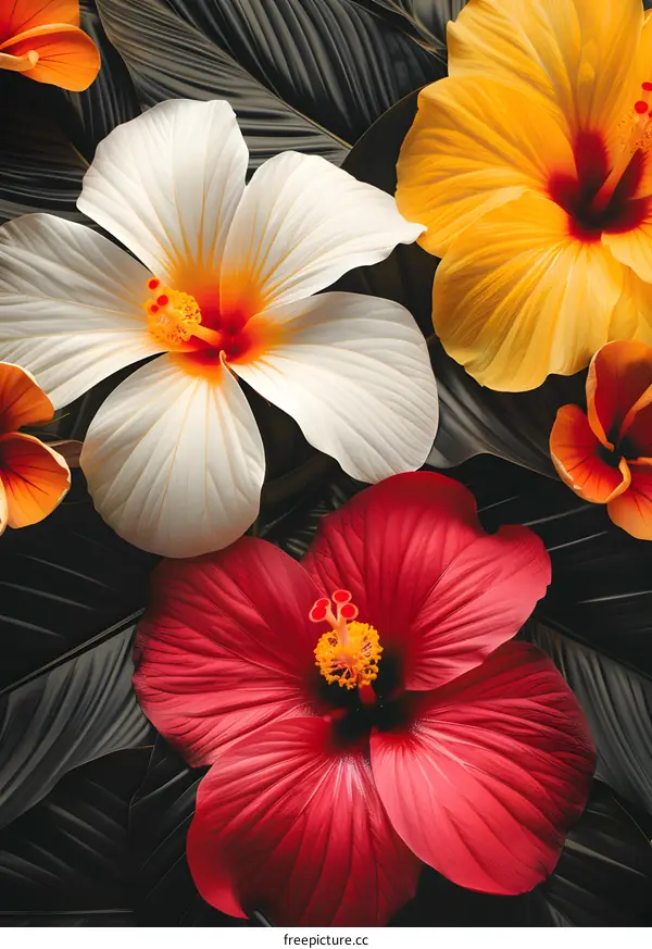 colorful hibiscus flowers with dark green leaves background