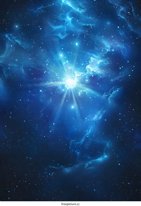 Blue and purple abstract digital art painting of a nebula with a bright light in the center