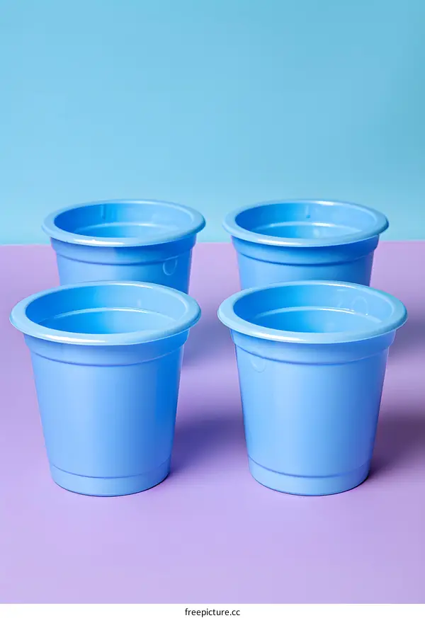 Four Blue Plastic Cups on a Purple and Blue Background
