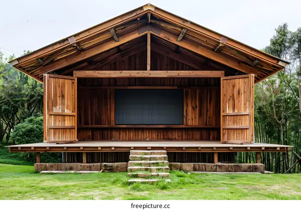 Wooden Stage with Open Doors in a Forest Setting