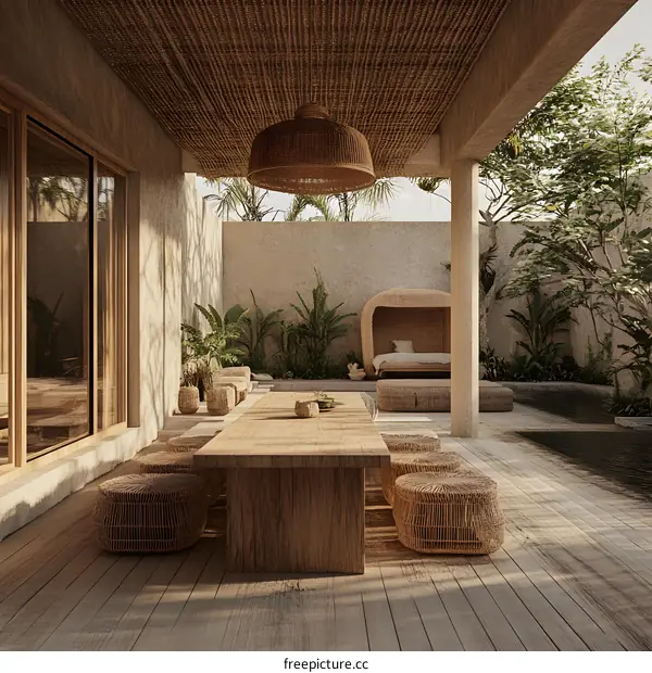 Modern Minimalist Patio Design With Wicker Furniture And Wooden Table