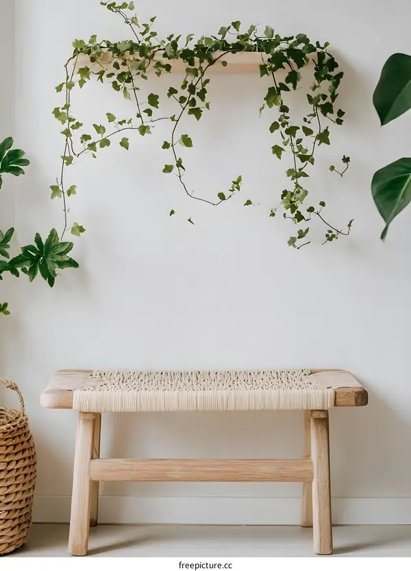 Minimalist Home Decor with Wooden Bench and Greenery