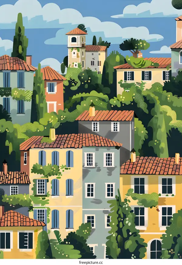 Colorful Italian Houses with Green Trees and Blue Sky