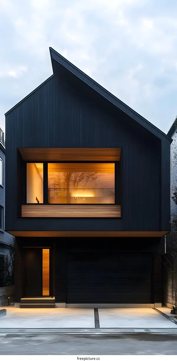 Modern Black and Wooden House with Garage Door