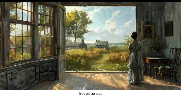 An illustration of a woman standing in a doorway looking out at a rural landscape