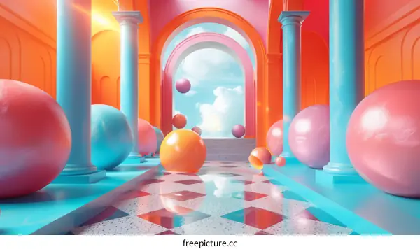 Colorful Archway Hallway with Floating Orbs