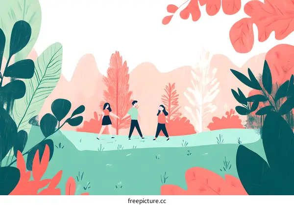 Three Friends Walking Through Forest Illustration