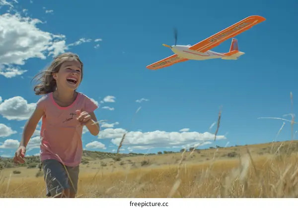Little girl running in a field of wheat with a toy airplane flying overhead