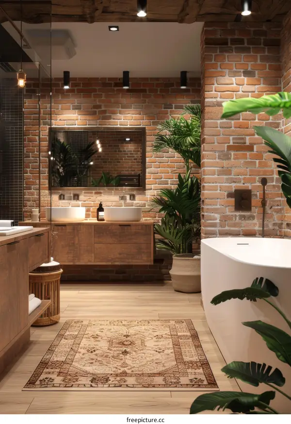 Rustic Modern Bathroom with Vintage Rug