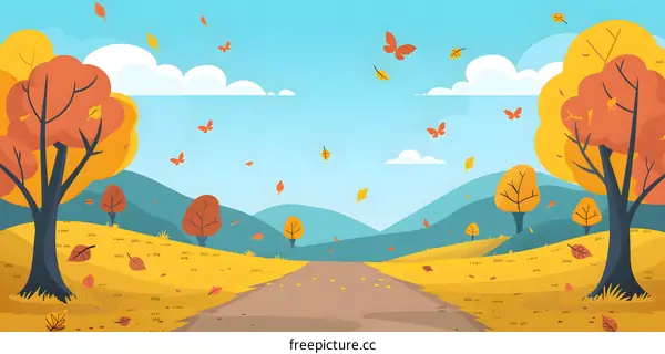Autumn Landscape with Falling Leaves and Butterflies