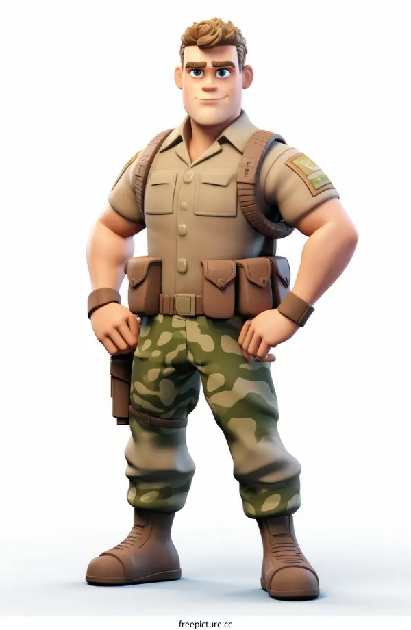 A male soldier with a gun on his hip and a backpack on his back