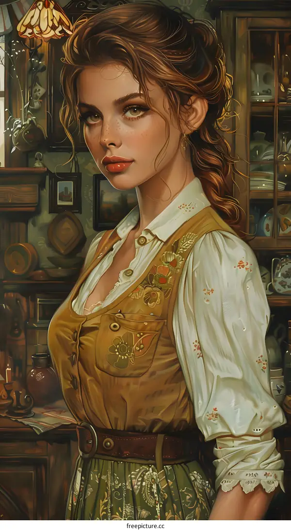 portrait of a beautiful woman with long brown hair wearing a white blouse and brown vest