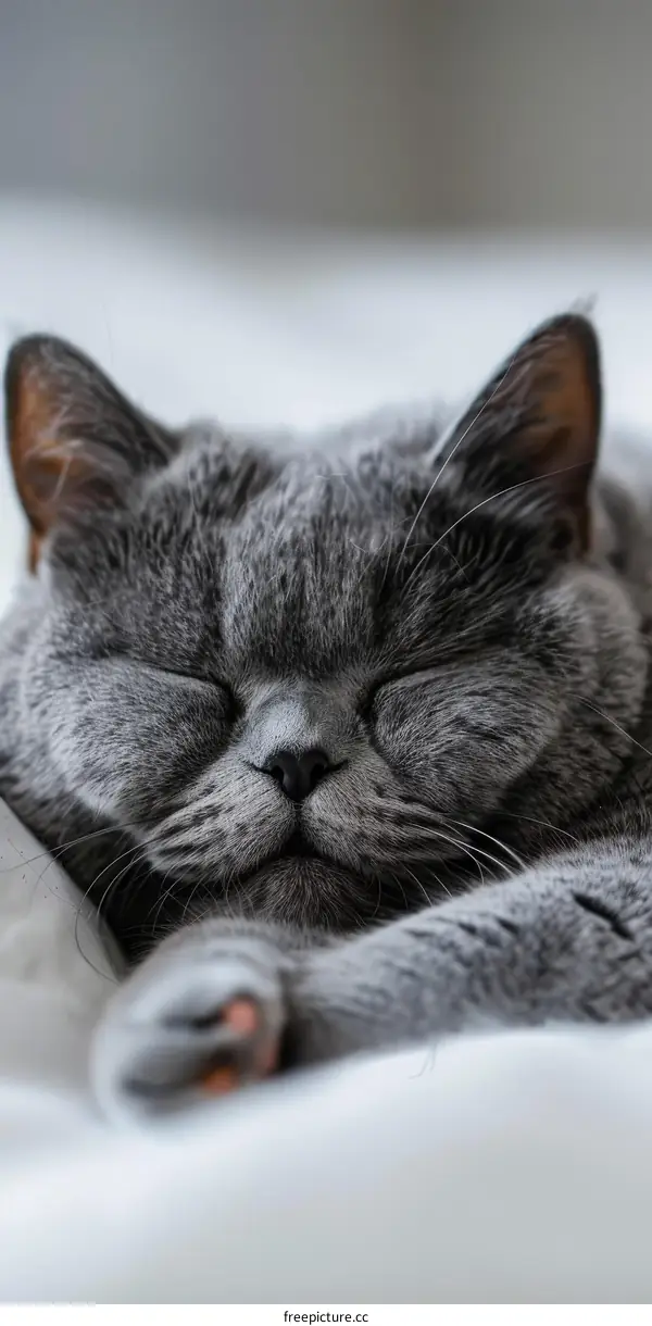 A gray cat is sleeping on a white blanket
