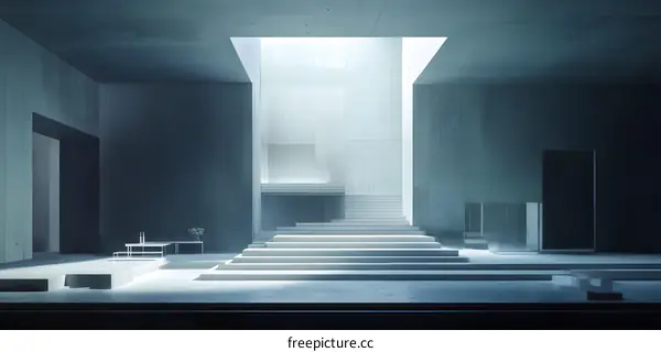 Modern Minimalist Concrete Interior with Staircase and Skylight