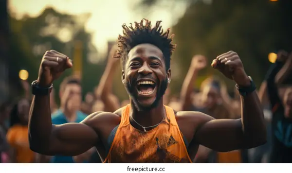 Ecstatic black male runner celebrating his victory in a marathon