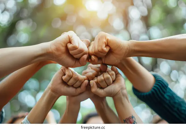 A group of people of different ethnicities joining their fists together in unity and strength
