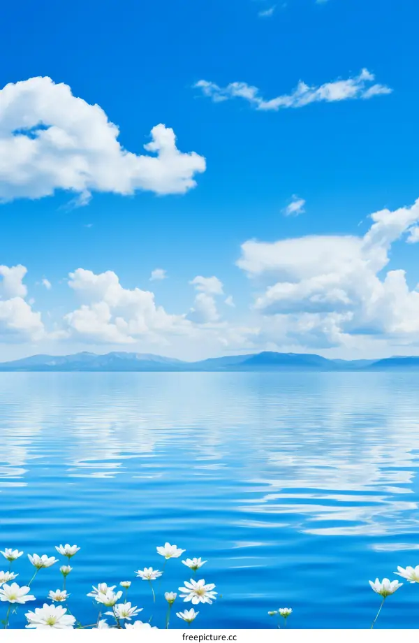 Serene Mountain Lake with White Flowers