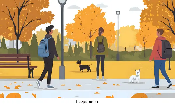 Autumn Walk in the Park with Friends and Dogs