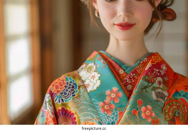 Close up of a woman wearing a kimono