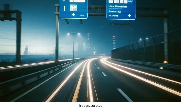 Nighttime highway with light trails and traffic signs