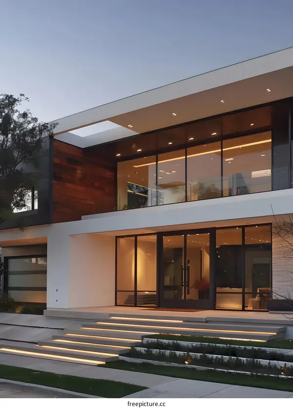 Modern House Exterior With Large Windows And Stone Steps