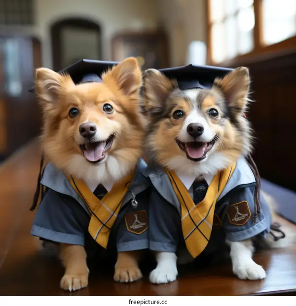 Two happy dogs wearing graduation caps and gowns