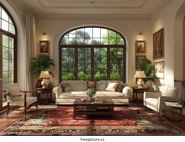 Elegant Living Room with Arched Window