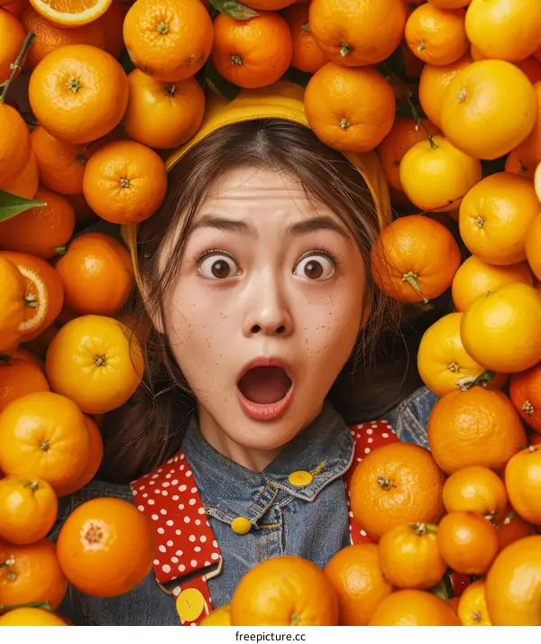 Young Asian woman surrounded by a lot of oranges