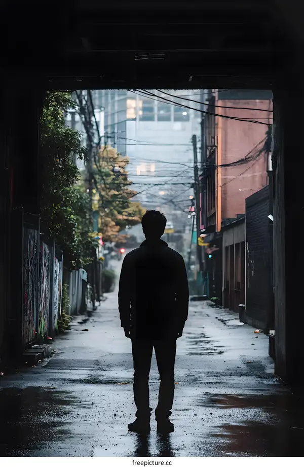 Silhouette of Man Standing in a Narrow City Alley