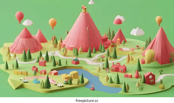 Low Poly Landscape with Mountains and Hot Air Balloons