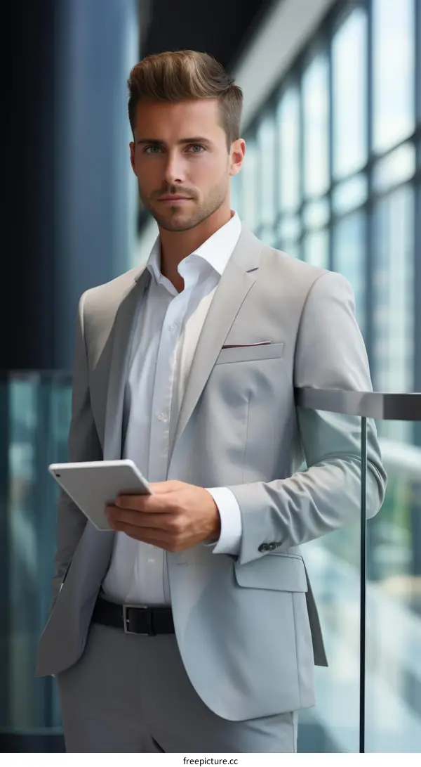 Businessman in a suit holding a tablet